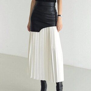 Black And White Casual Women's Faux Leather Patch Bodycon Skirt